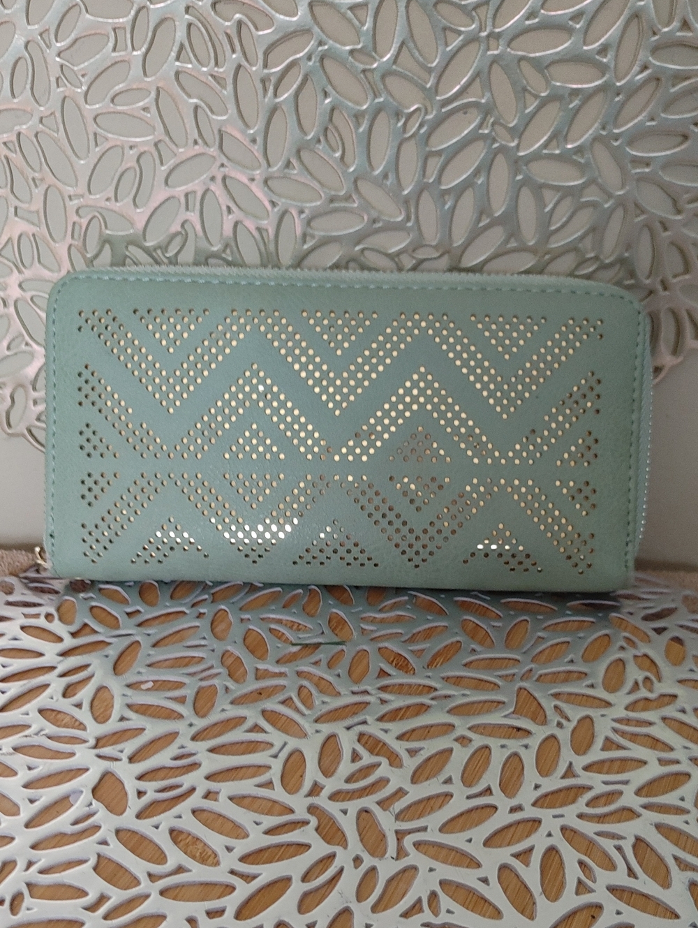Source Unknown Mint Green Perforated Zip Wallet